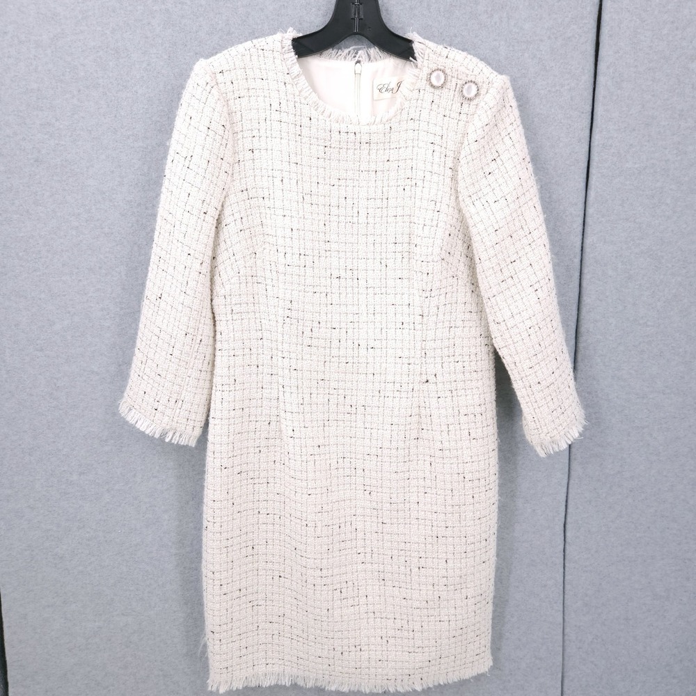 Eliza J Fringe Trim Bouclé Tweed Sheath Knee High Ivory Dress Womens Size 12